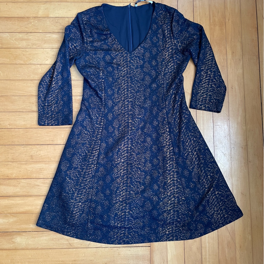Collective Concepts Navy fit and flare dress with gold snake print ladies size S